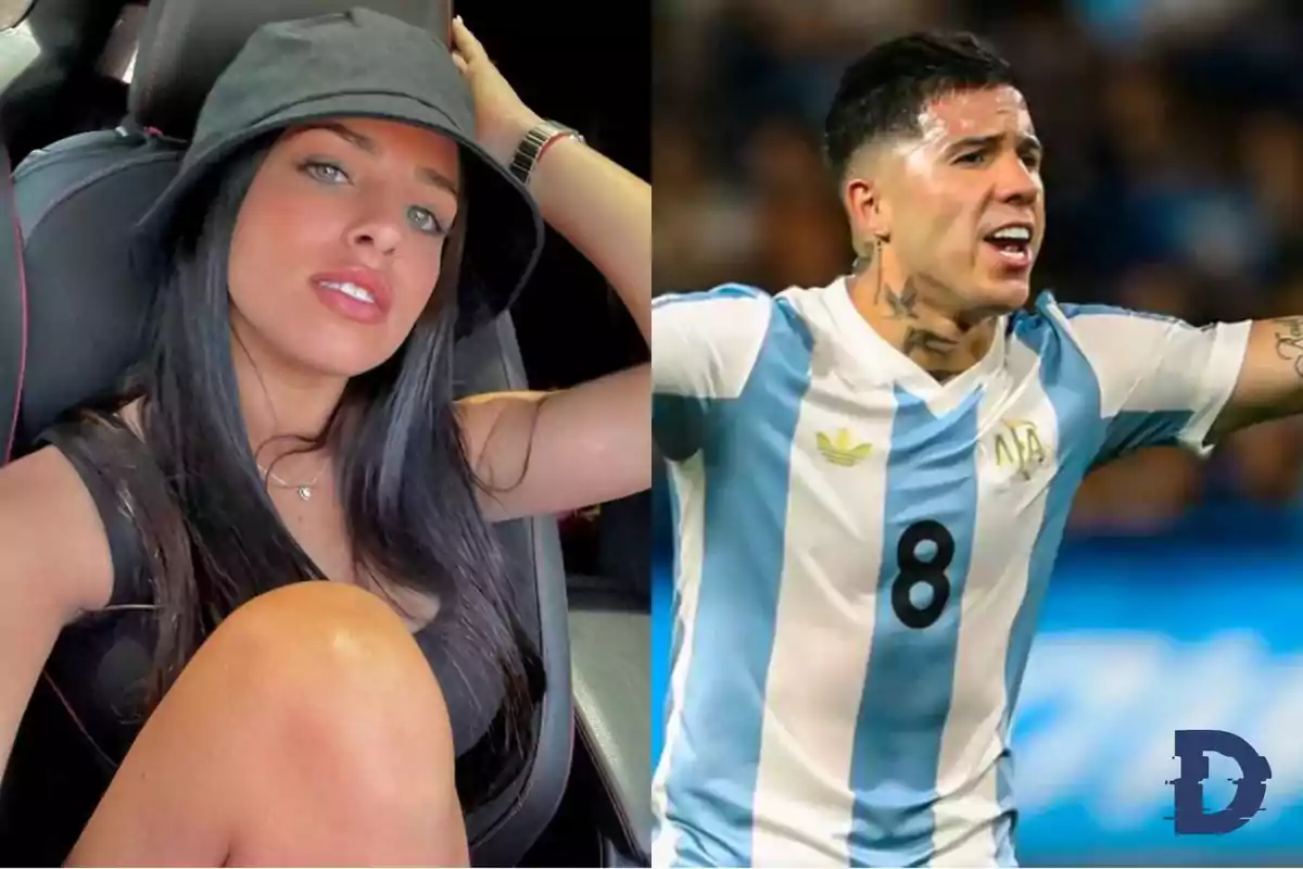 Una mujer con sombrero negro en un auto y un futbolista con la camiseta de Argentina celebrando en un campo de juego.