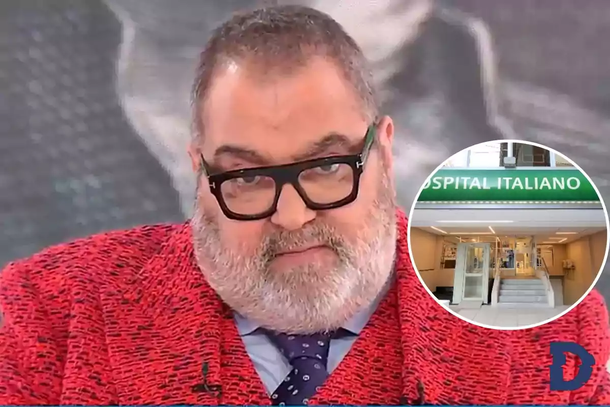 Hombre con barba y gafas vistiendo un saco rojo con una imagen circular del Hospital Italiano en la esquina.