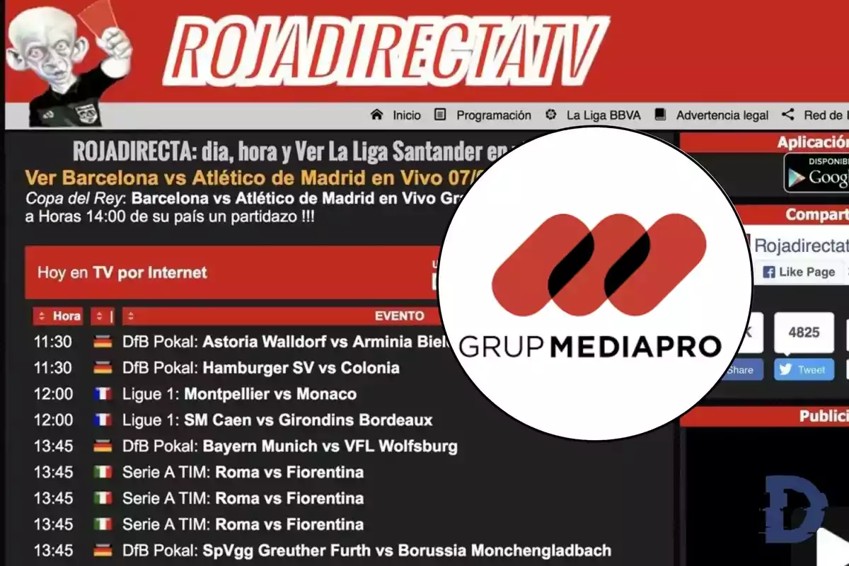 Página web de Rojadirecta mostrando horarios de eventos deportivos y el logo de Grup Mediapro.