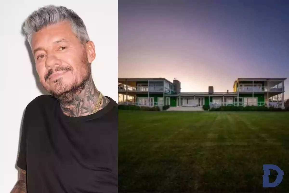 Un hombre con cabello canoso y tatuajes en el cuello, junto a una casa moderna de dos pisos con un amplio jardín al atardecer.