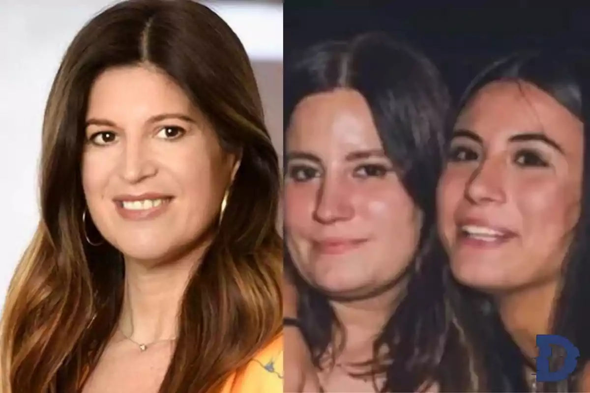 Una mujer con cabello largo y oscuro sonríe en una foto profesional a la izquierda, mientras que a la derecha hay una foto de dos mujeres jóvenes sonriendo juntas.