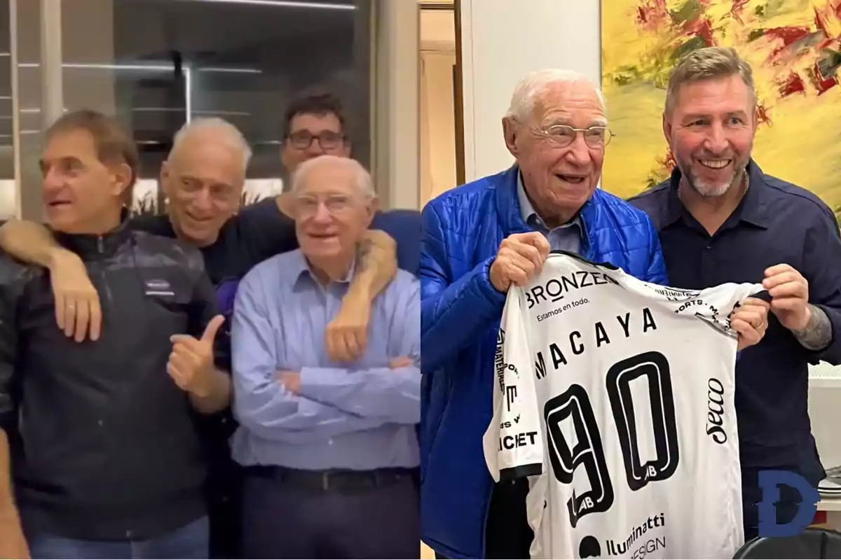 Un grupo de personas posando para una foto, y en otra imagen, dos personas sosteniendo una camiseta con el número 90 y el nombre "Macaya".