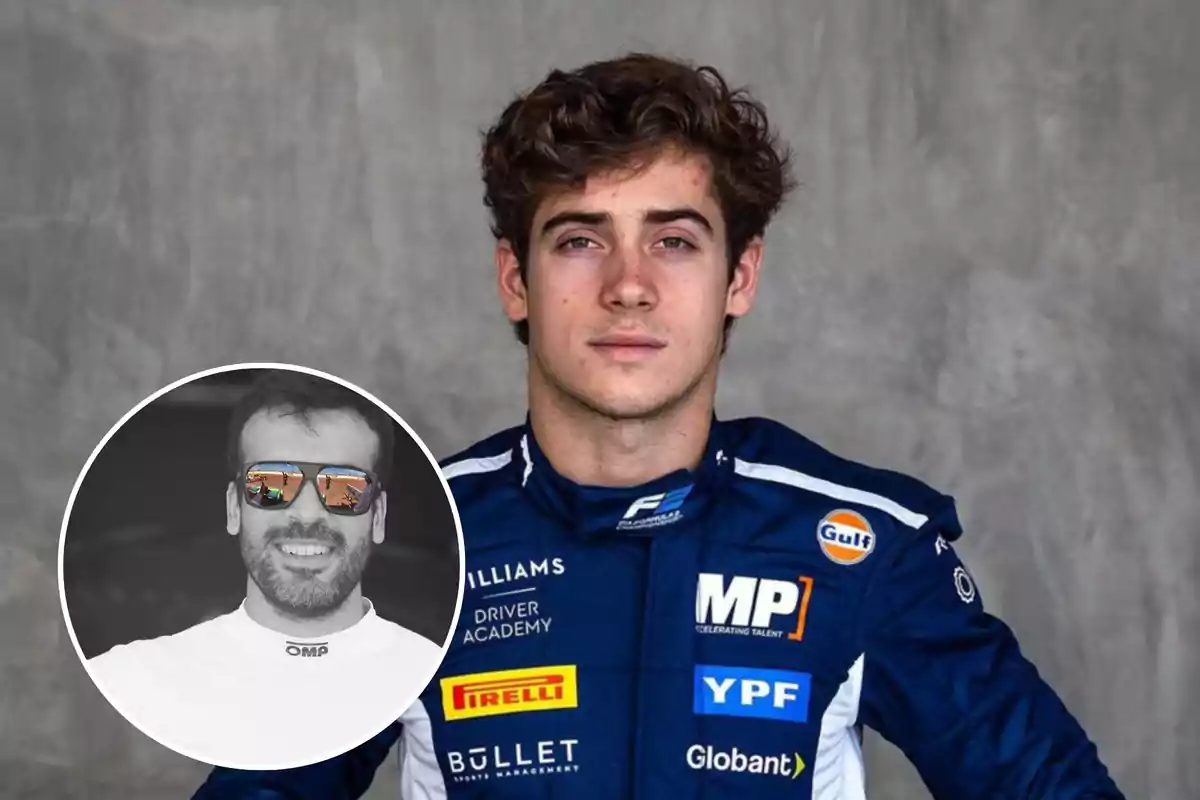 Un joven con un traje de carreras azul con varios logotipos y un recuadro en blanco y negro de otra persona con gafas de sol.