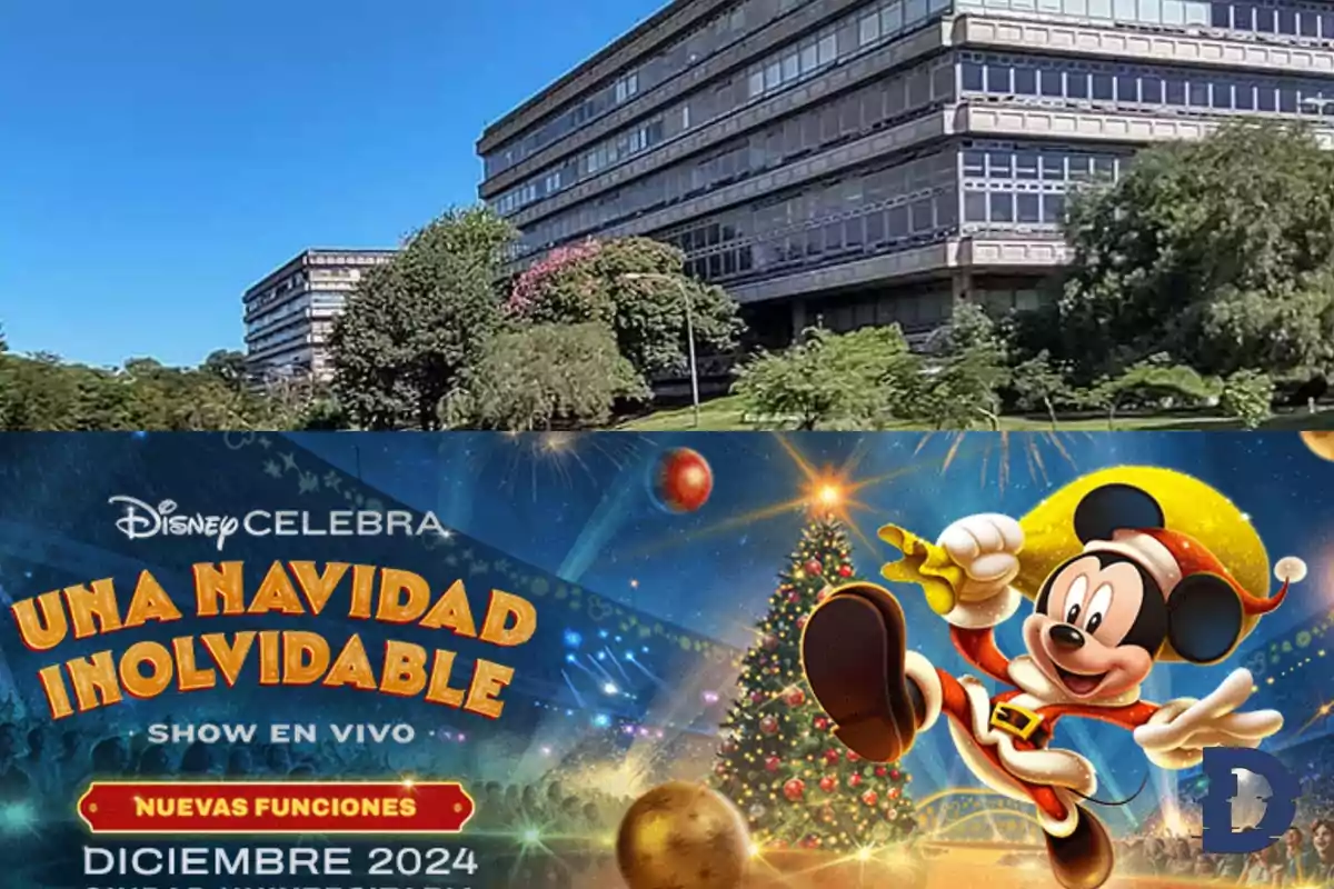 Edificio moderno rodeado de árboles y cartel promocional de un espectáculo navideño de Disney con un personaje animado.