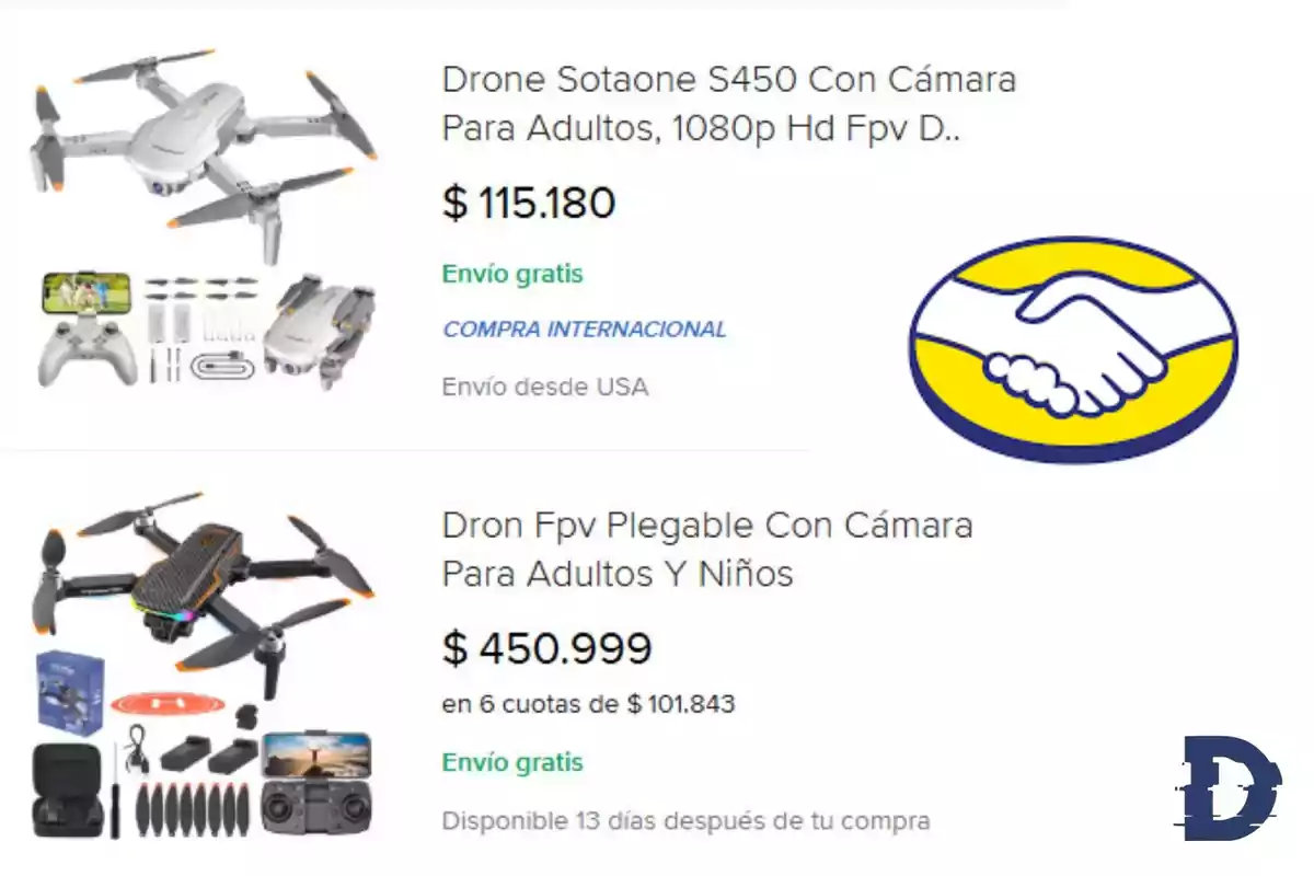 Dos drones con cámara en venta, uno es el Drone Sotaone S450 por $115.180 con envío gratis desde USA, y el otro es un Dron FPV Plegable por $450.999, disponible en 6 cuotas, con entrega en 13 días.