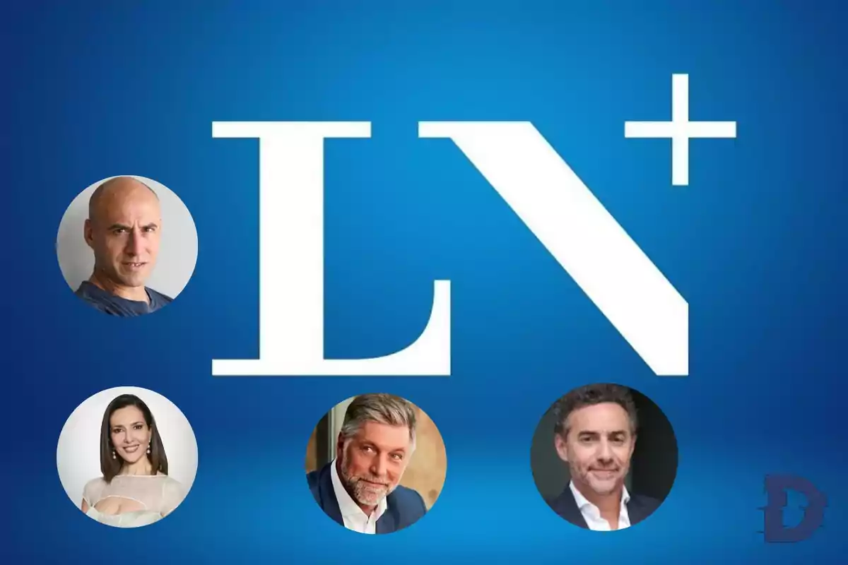 Logo de LN+ en fondo azul con cuatro retratos circulares de personas alrededor.