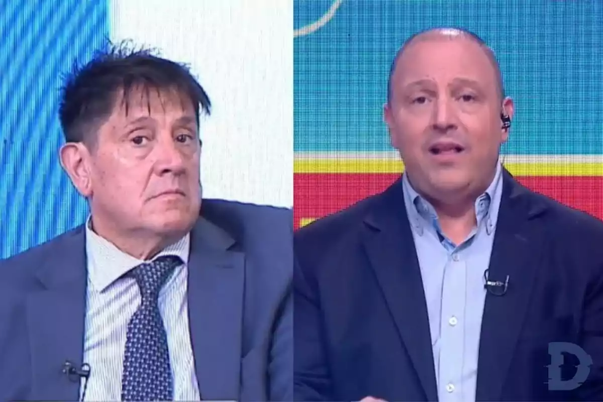 Dos hombres en un programa de televisión con fondo colorido.