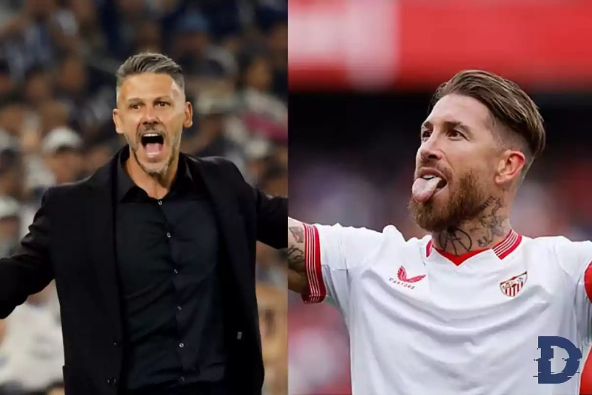 Dos hombres en un evento deportivo, uno con traje negro gritando y el otro con camiseta blanca sacando la lengua.