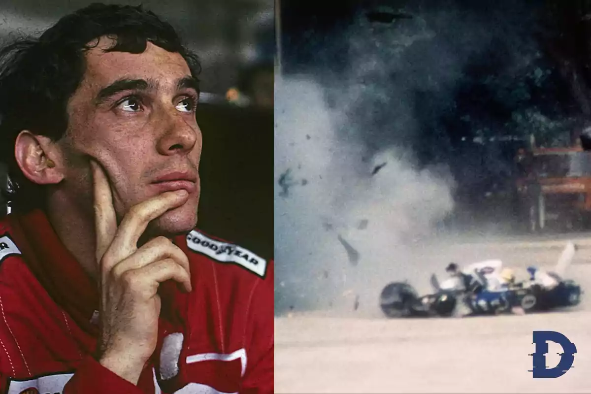A race car driver with a pensive expression and a car crash on a track.