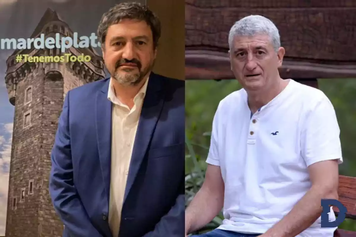 Dos hombres posan en diferentes escenarios; el de la izquierda lleva un traje azul frente a un cartel de Mar del Plata y el de la derecha viste una camiseta blanca sentado al aire libre.