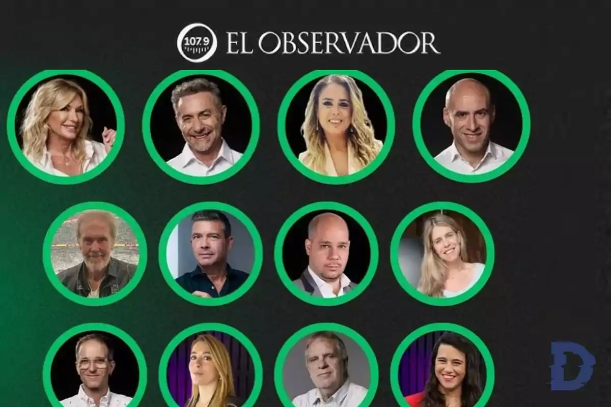 Imagen de un grupo de personas enmarcadas en círculos verdes sobre un fondo oscuro con el logo de "El Observador" y la frecuencia 107.9.