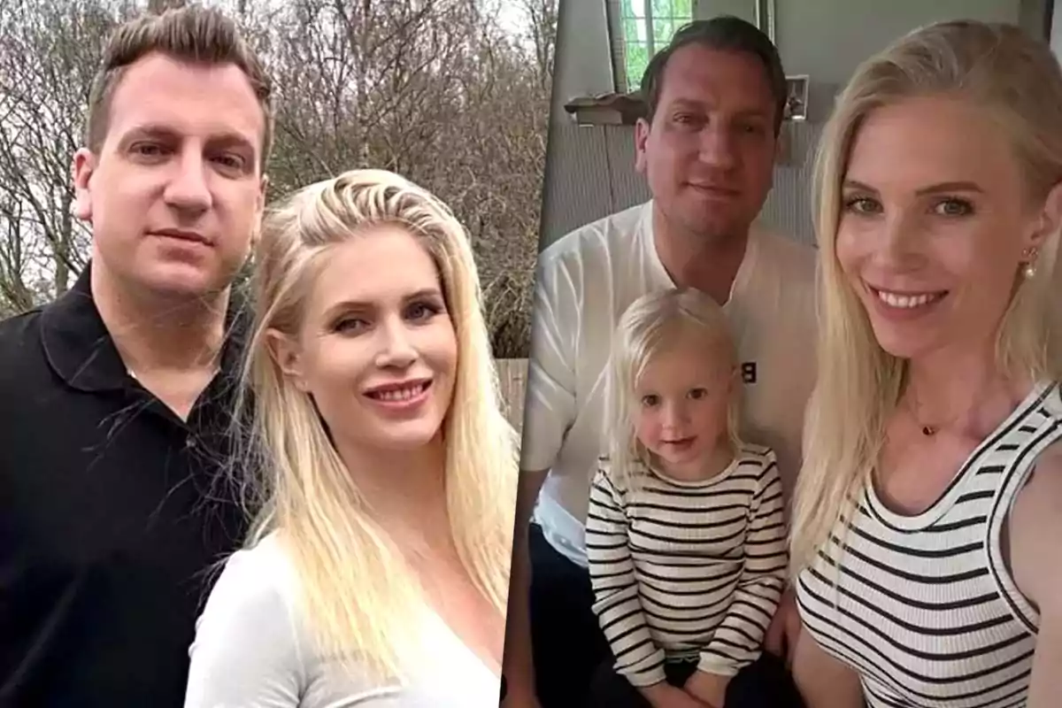 Una pareja sonriente posa al aire libre, mientras que en otra imagen están con una niña pequeña en un ambiente interior.