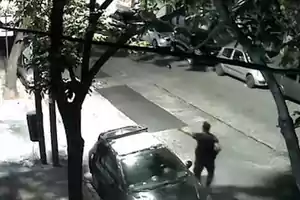 Una persona caminando por una calle arbolada junto a varios autos estacionados.