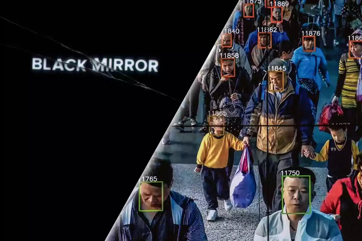 Imagen dividida en dos partes: a la izquierda, el título "Black Mirror" sobre un fondo negro; a la derecha, una escena de reconocimiento facial en una multitud con varios rostros enmarcados y numerados.