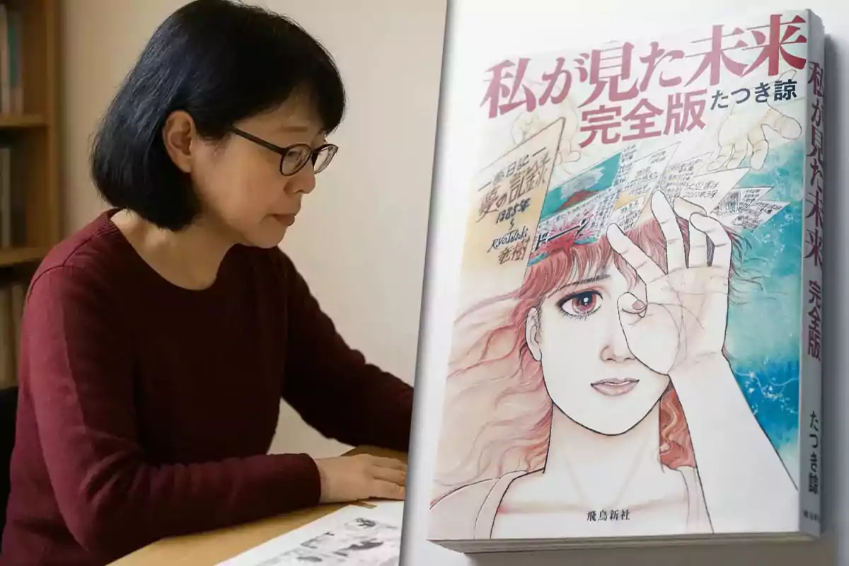 Short-haired woman with glasses working at a table next to the cover of a Japanese manga featuring an illustration of a young red-haired girl.