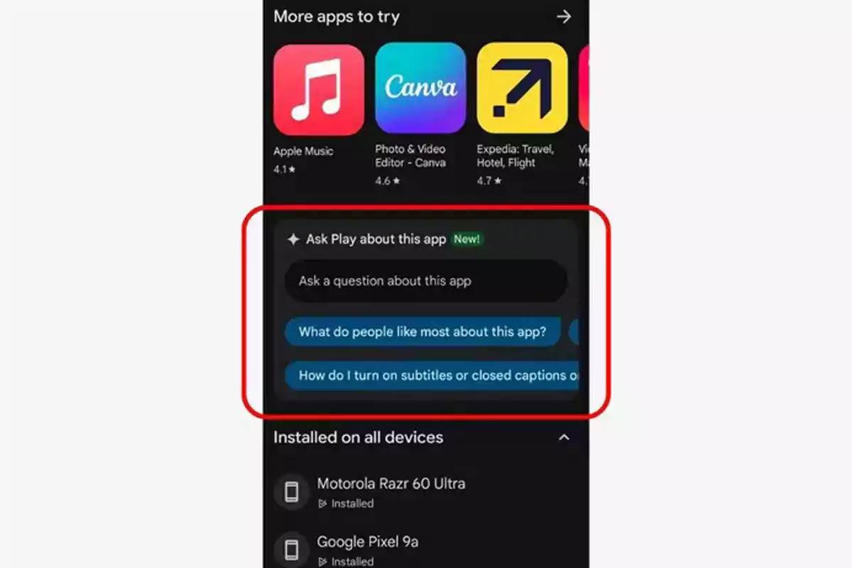App store screen showing a new feature for asking questions about an app, with examples of suggested questions and a list of installed devices below App store screen showing a new feature for asking questions about an app, with examples of suggested questions and a list of installed devices below