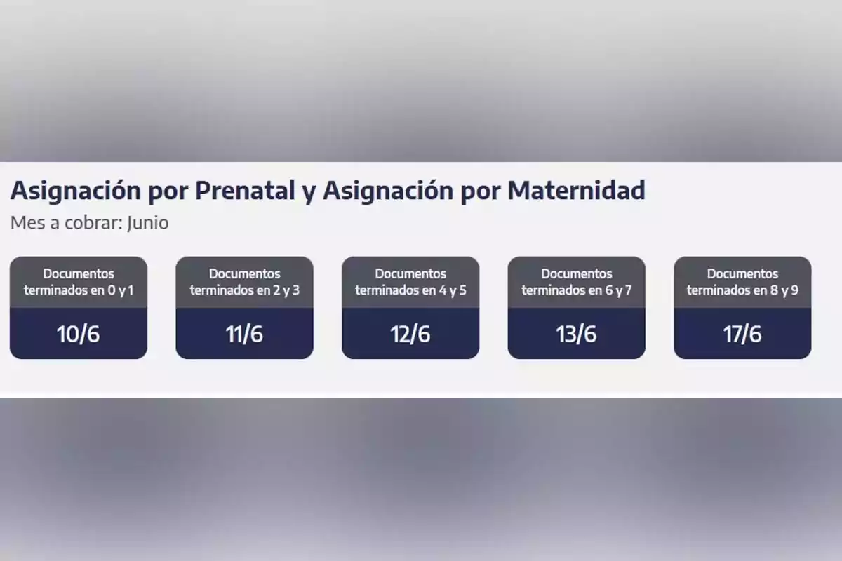 Payment schedule for prenatal and maternity allowance for the month of June according to document ending number, with dates from June 10 to June 17