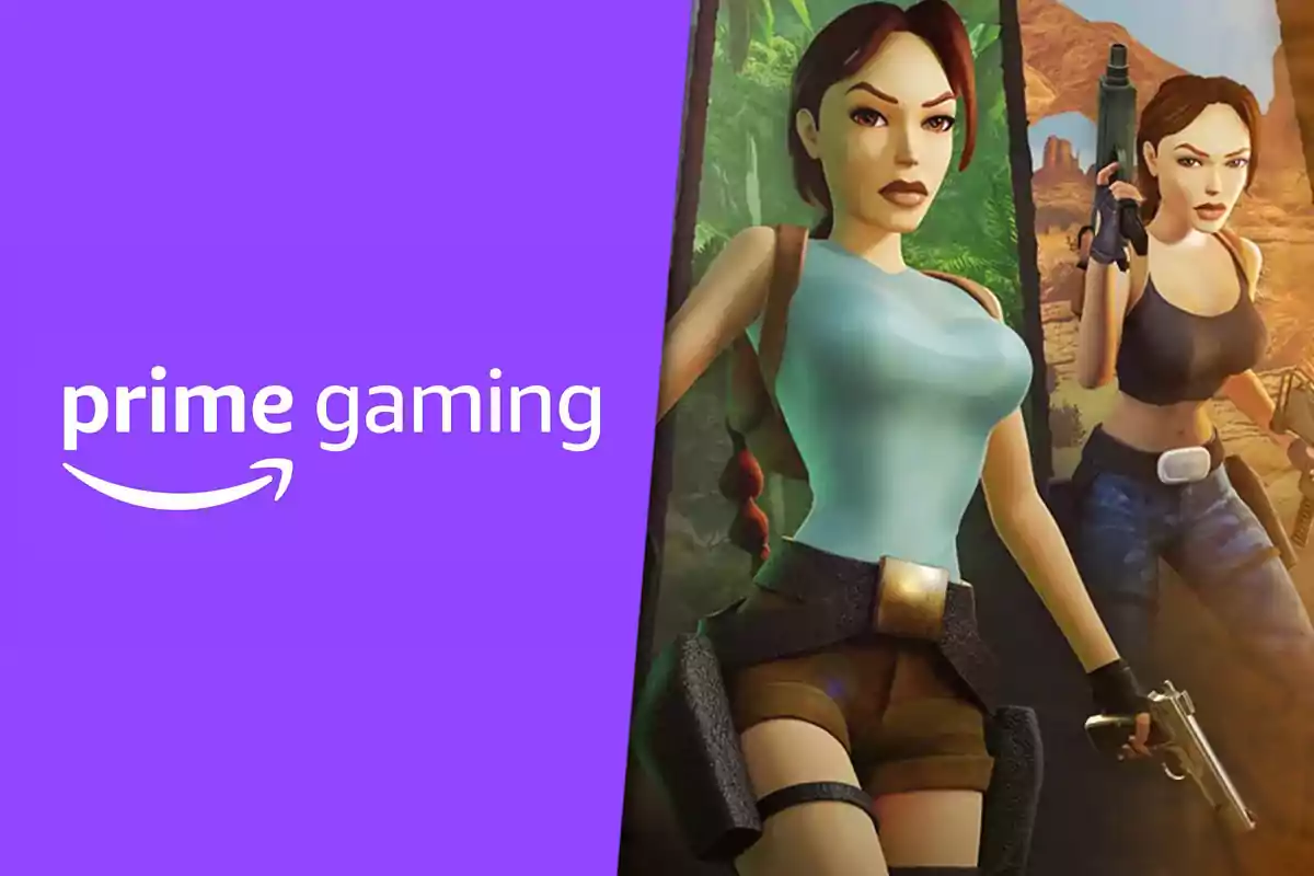 Fondo morado con el logo de Prime Gaming a la izquierda y dos personajes femeninos de videojuegos armados a la derecha