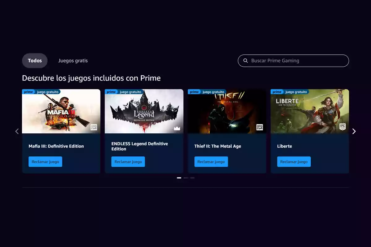 Página de Prime Gaming mostrando una selección de juegos gratuitos disponibles para reclamar incluyendo Mafia III Definitive Edition ENDLESS Legend Definitive Edition Thief II The Metal Age y Liberte Página de Prime Gaming mostrando una selección de juegos gratuitos disponibles para reclamar incluyendo Mafia III Definitive Edition ENDLESS Legend Definitive Edition Thief II The Metal Age y Liberte