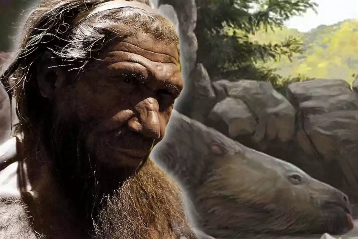 Un hombre prehistórico con barba y cabello largo junto a un perezoso gigante muerto, evidenciando que coexistieron por miles de años.