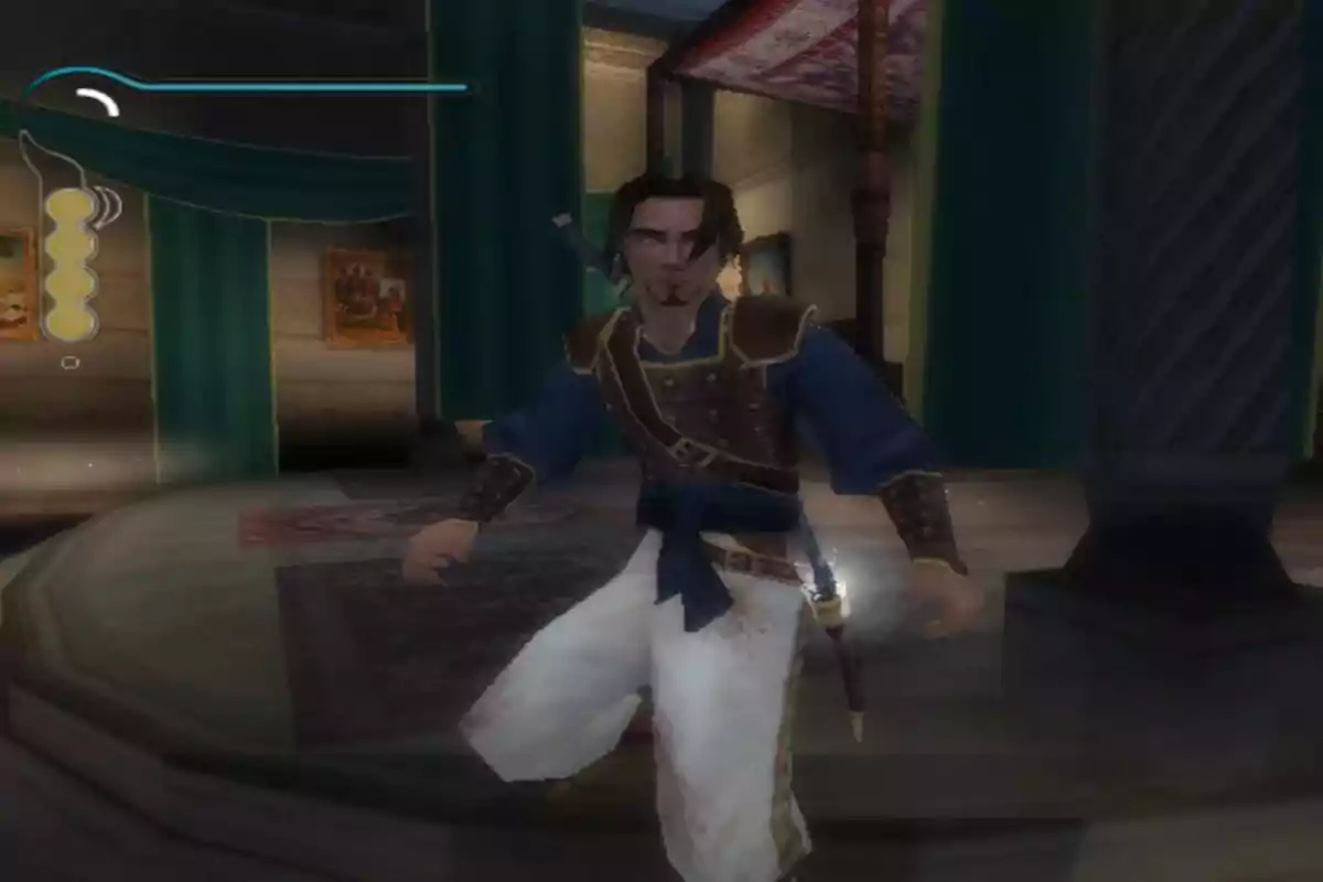 A video game character in medieval attire with a sword on their back is in an indoor setting with green curtains and paintings on the walls. A video game character in medieval attire with a sword on their back is in an indoor setting with green curtains and paintings on the walls.