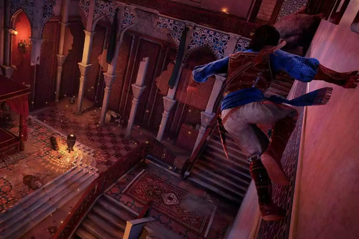 A character climbs up the wall of a palace adorned with arches and mosaics while observing a hall illuminated with lamps and carpets. A character climbs up the wall of a palace adorned with arches and mosaics while observing a hall illuminated with lamps and carpets.