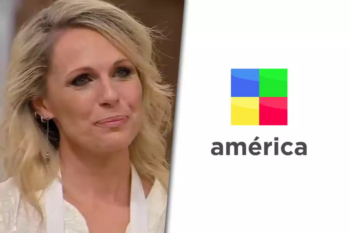 Mujer rubia con expresión emotiva junto al logo colorido del canal América sobre fondo blanco