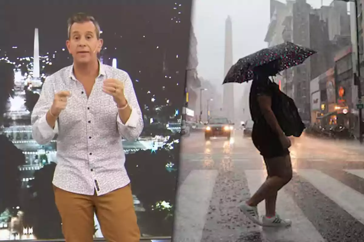 A man in a light jersey and brown pants stands in front of a nighttime image of a city while a person with an umbrella crosses a rainy street in an urban setting.