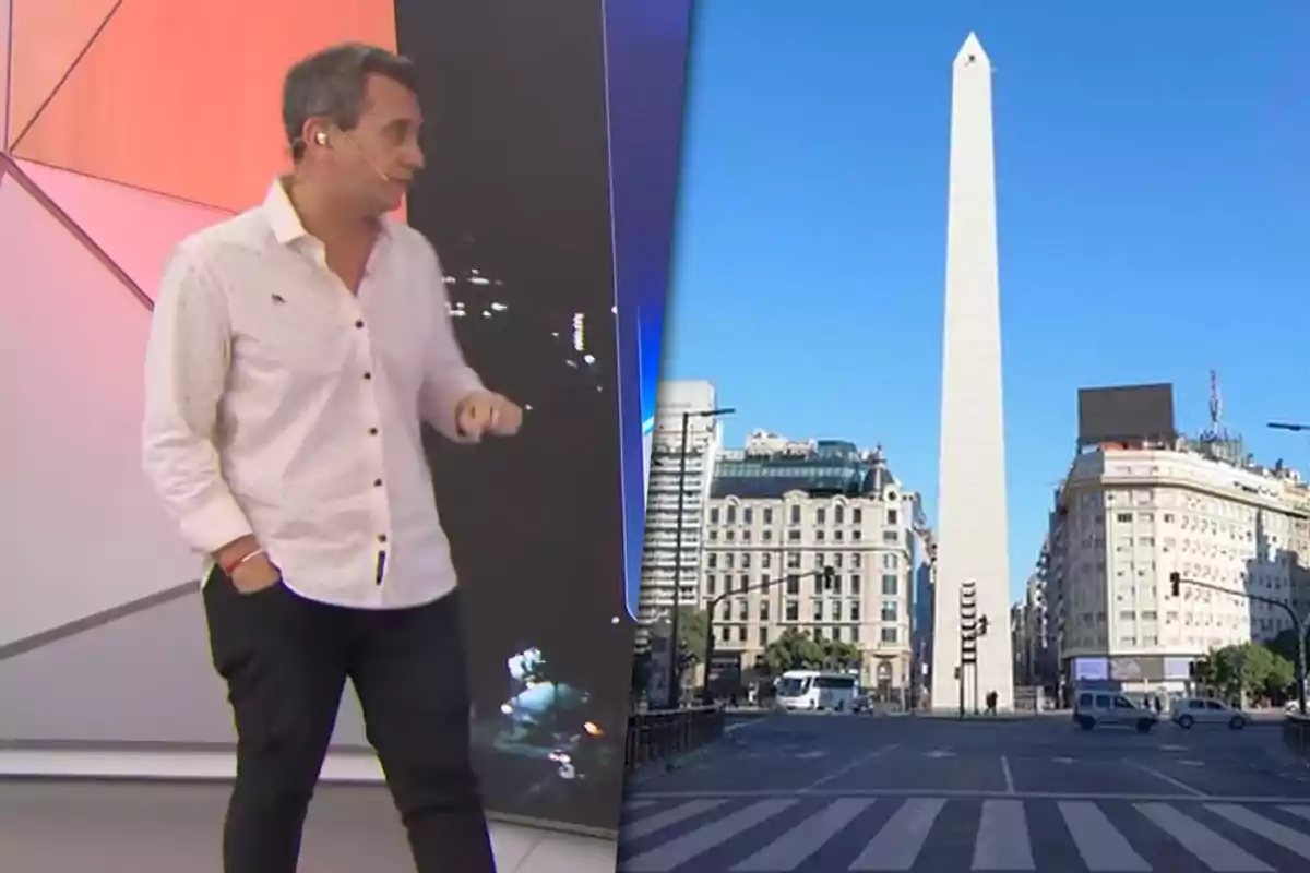 A man standing in a television studio next to an image of the Obelisk of Buenos Aires on a sunny day