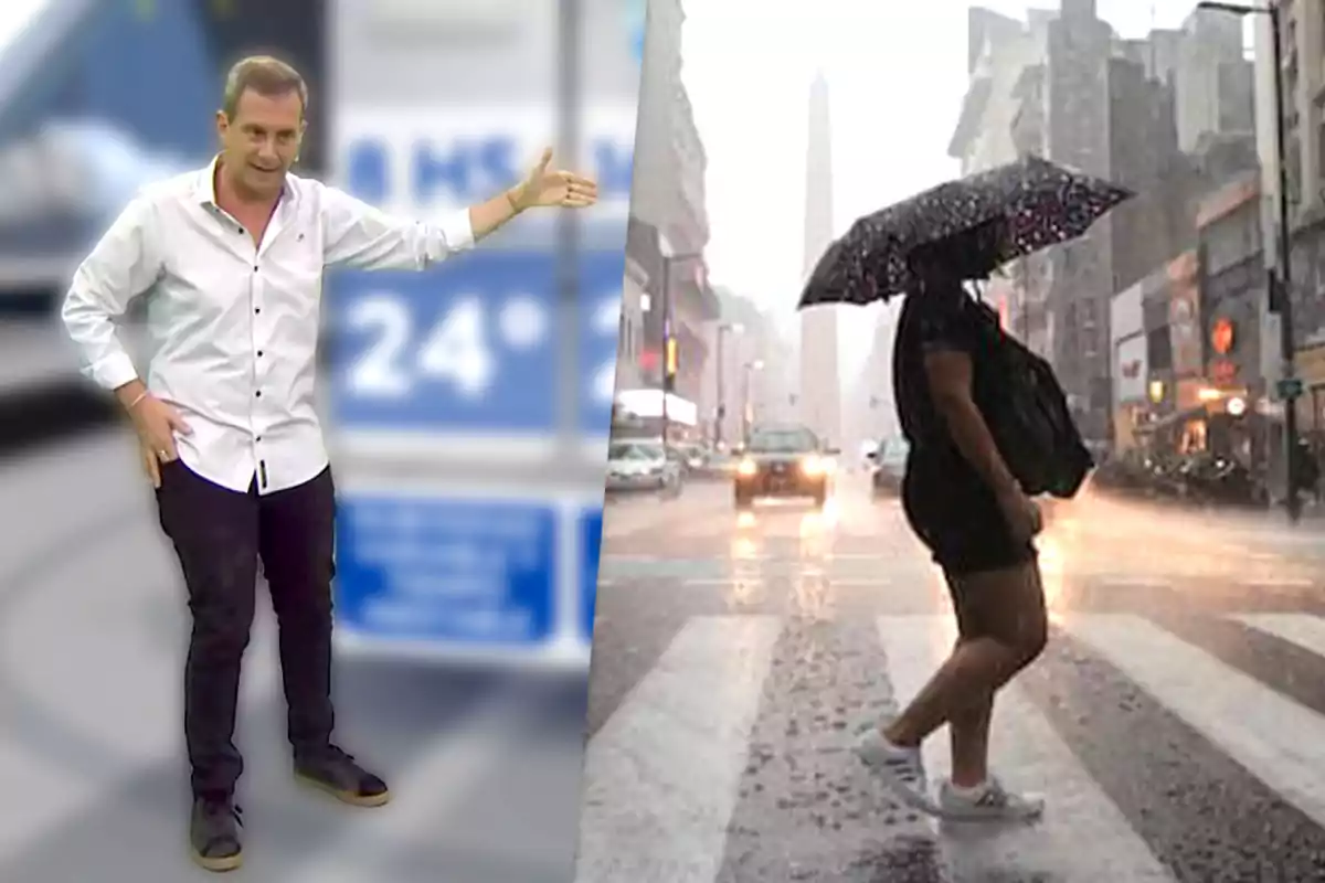 Matías Bertolotti señala un pronóstico del tiempo con una temperatura de 24 grados mientras una persona cruza una calle bajo la lluvia con un paraguas en el AMBA.