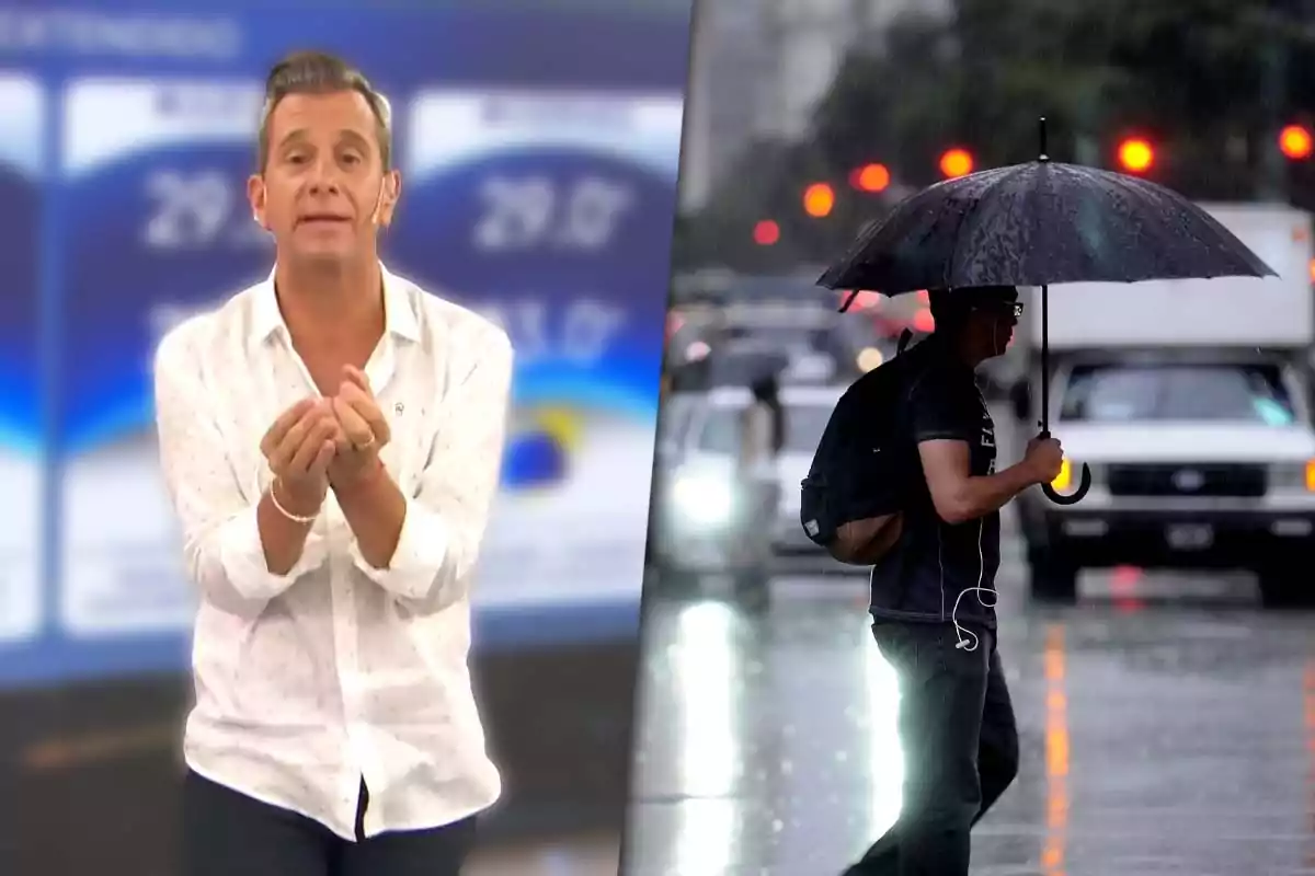 Matías Bertolotti gesticula mientras a su lado se ve a una persona caminando bajo la lluvia con un paraguas.