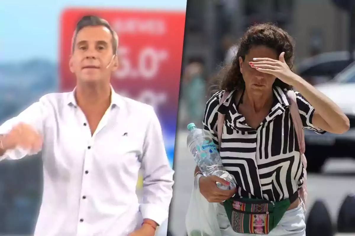 Matías Bertolotti con camisa blanca aparece en un estudio de televisión mientras una mujer con camisa de rayas se protege del sol con la mano y lleva una botella de agua.