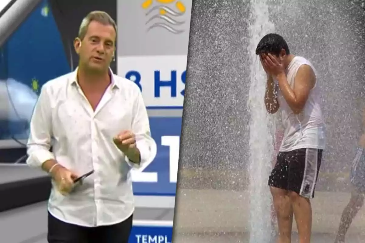 Matías Bertolotti está dando el pronóstico del tiempo mientras un hombre se refresca bajo una fuente de agua.