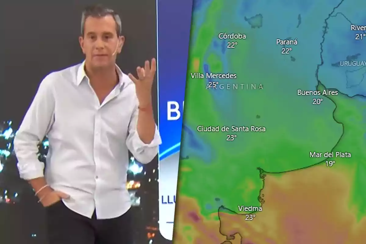 Matías Bertolotti is standing next to a weather map of Buenos Aires showing temperatures in various cities.