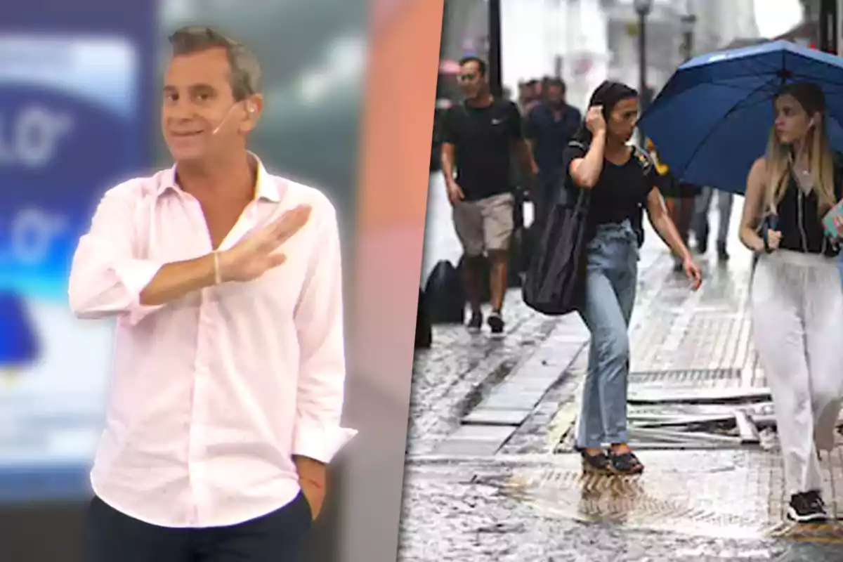 Matías Bertolotti con camisa blanca gesticulando en un estudio de televisión y personas caminando bajo la lluvia con paraguas en una calle urbana.