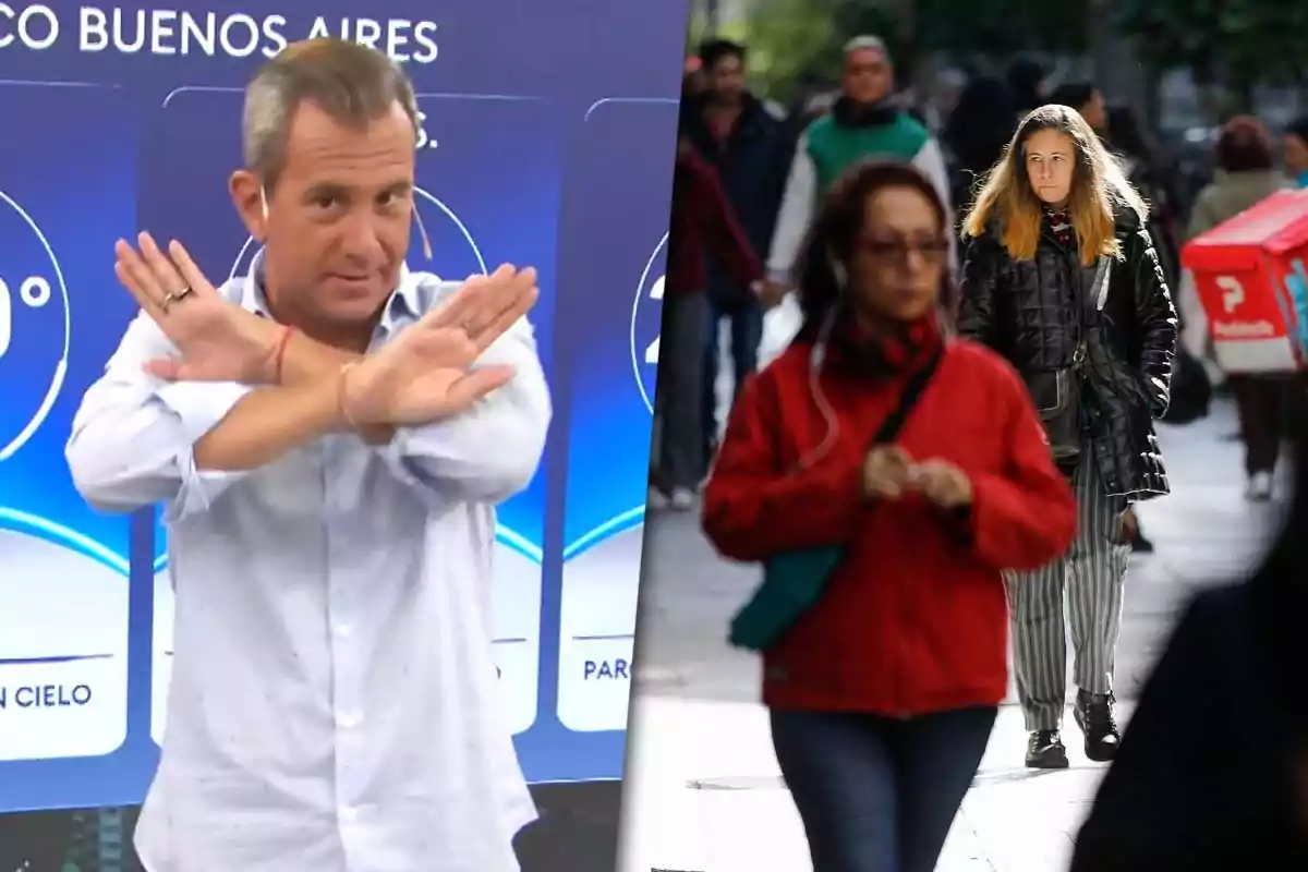 Matías Bertolotti hace un gesto con los brazos cruzados mientras en la otra mitad de la imagen se ve a personas caminando por una calle concurrida.