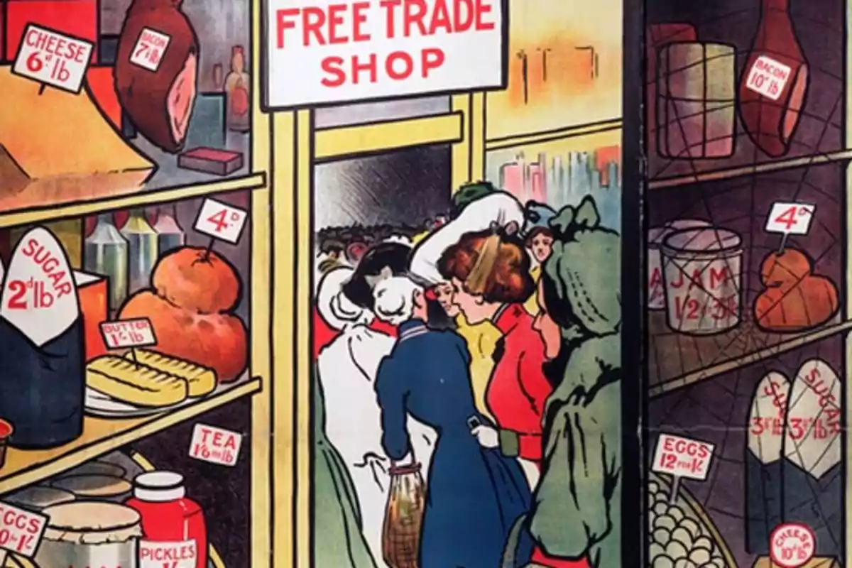 Illustration of a store called Free Trade Shop with several women lining up to enter and shelves full of products with price tags