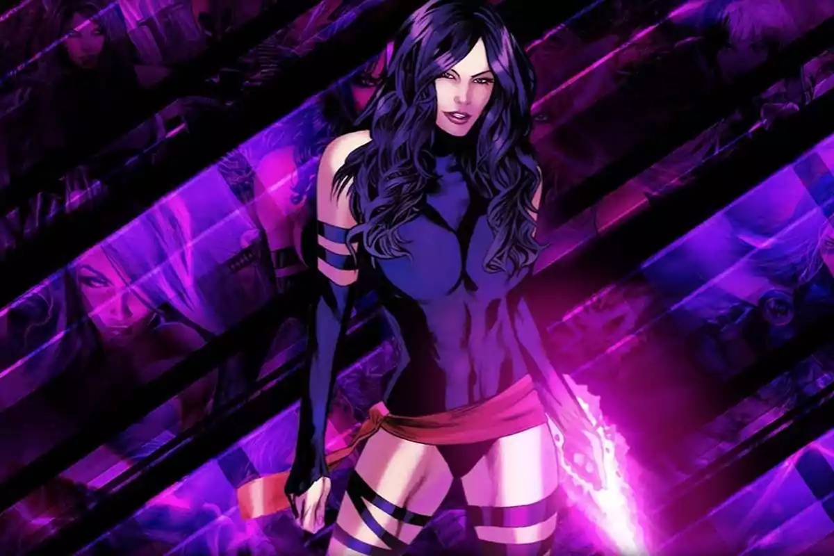 Long-haired, dark-haired woman in a tight purple suit with black ribbons, surrounded by a background of purple tones and flashes of light, holding a glowing energy sword. Long-haired, dark-haired woman in a tight purple suit with black ribbons, surrounded by a background of purple tones and flashes of light, holding a glowing energy sword.