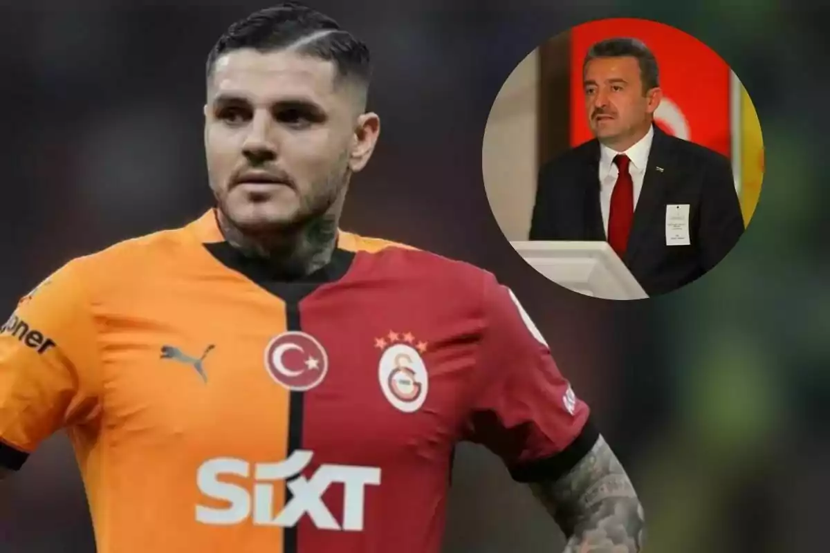 Mauro Icardi con el uniforme del Galatasaray y el Vicepresidente del Galatasaray en un recuadro circular.