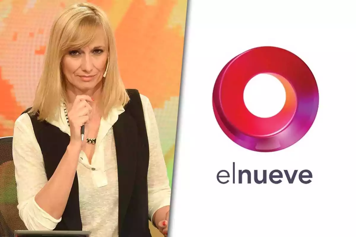 Una persona rubia con micrófono en mano junto al logotipo del canal "elnueve".