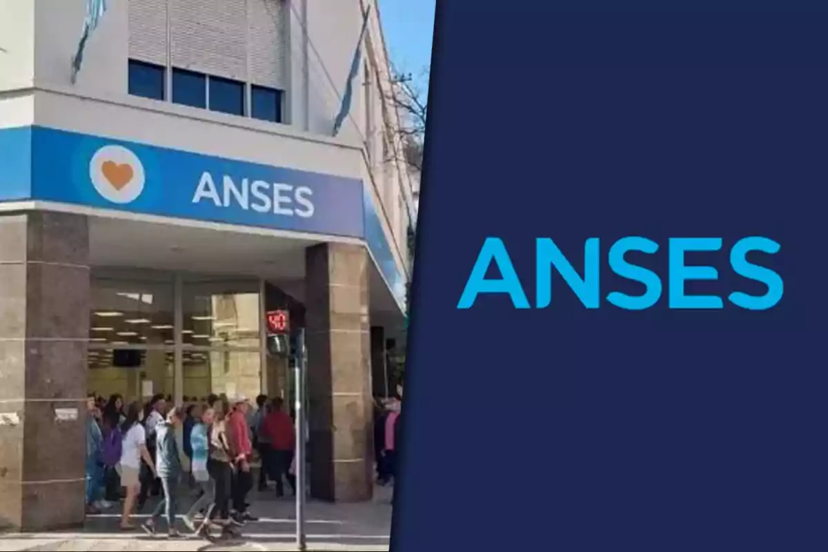 Fachada de una oficina de ANSES con personas entrando y un cartel con el logo y nombre de la institución.