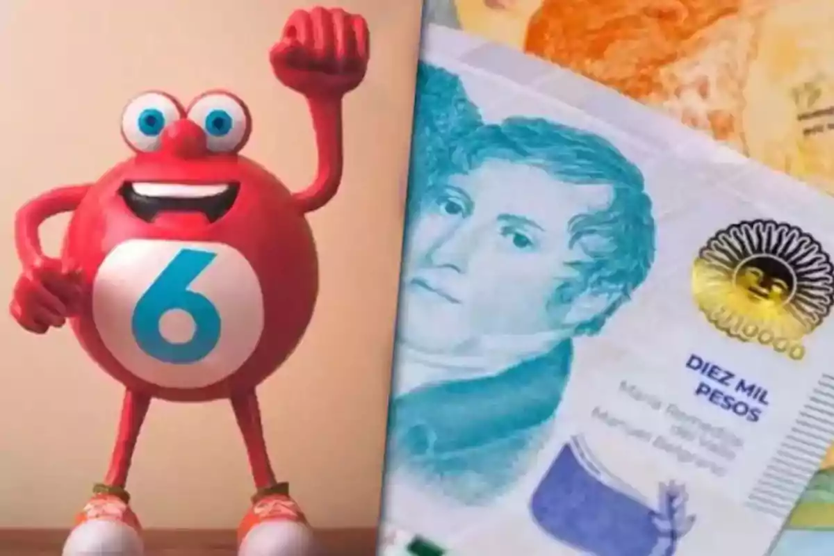 A red animated character with the number six on its chest next to a ten thousand Argentine peso bill A red animated character with the number six on its chest next to a ten thousand Argentine peso bill