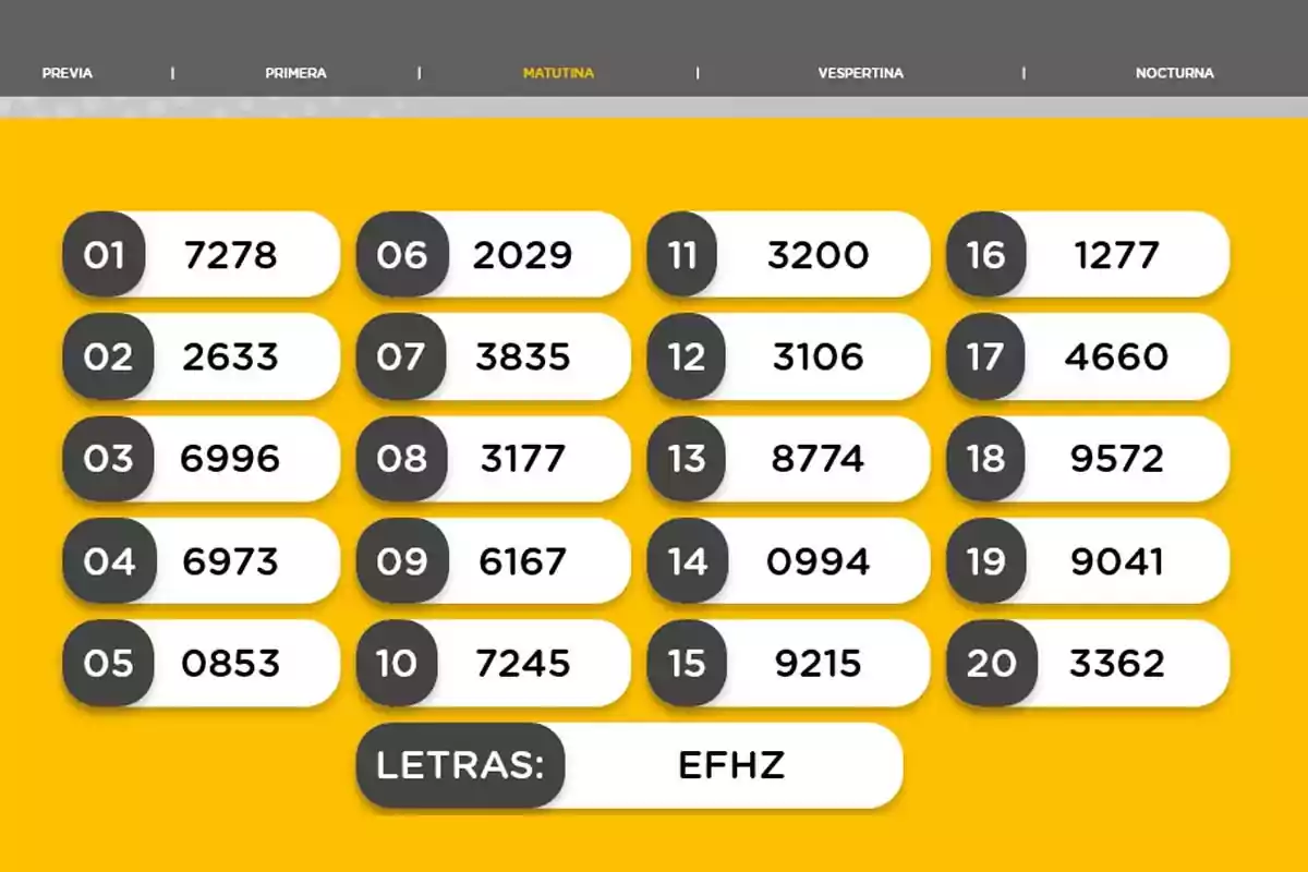 Morning draw results with twenty winning numbers and the letters EFHZ at the bottom on a yellow background