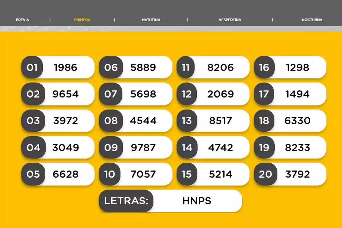 Lottery draw results with twenty winning numbers and HNPS letter combination on a yellow background