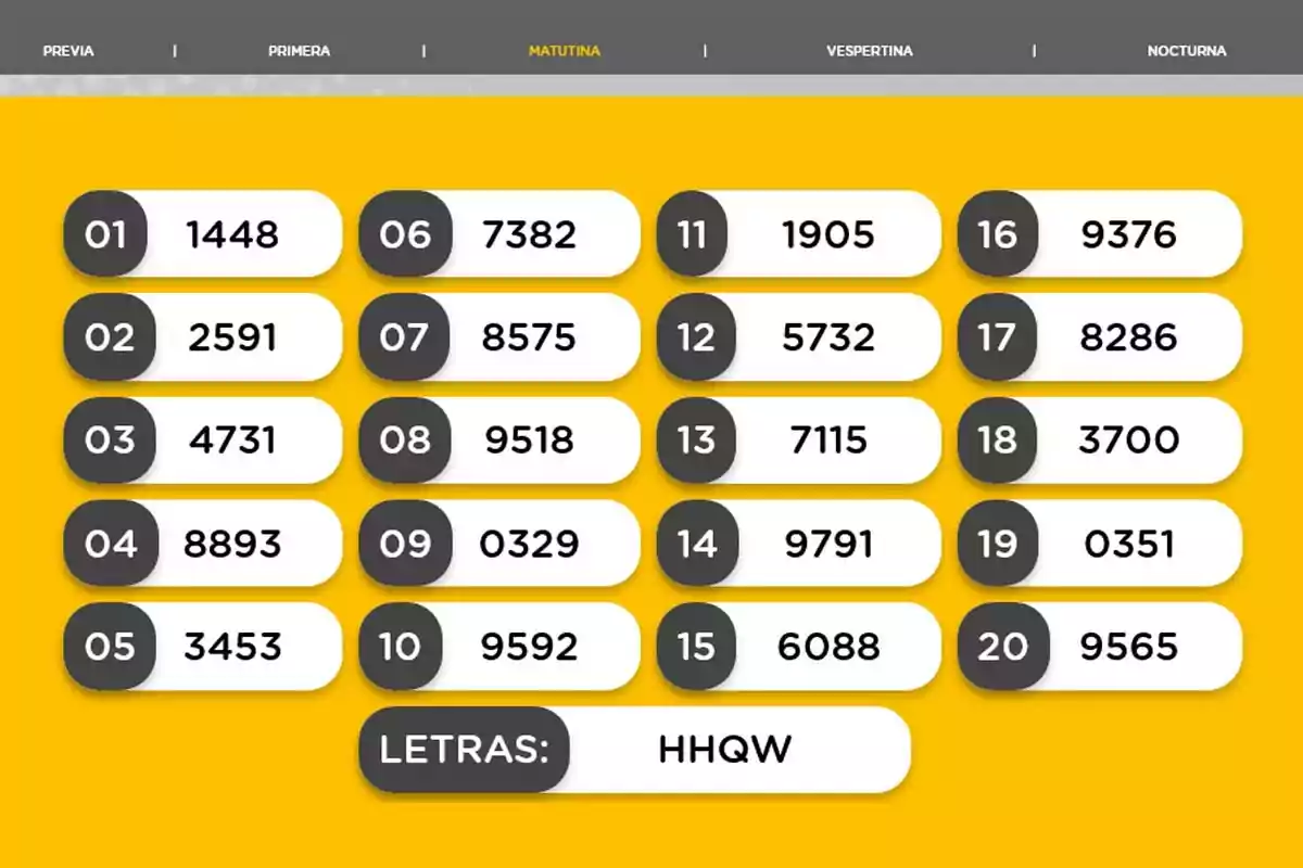 Morning draw results with twenty winning numbers and the letters HHQW on a yellow background Morning draw results with twenty winning numbers and the letters HHQW on a yellow background