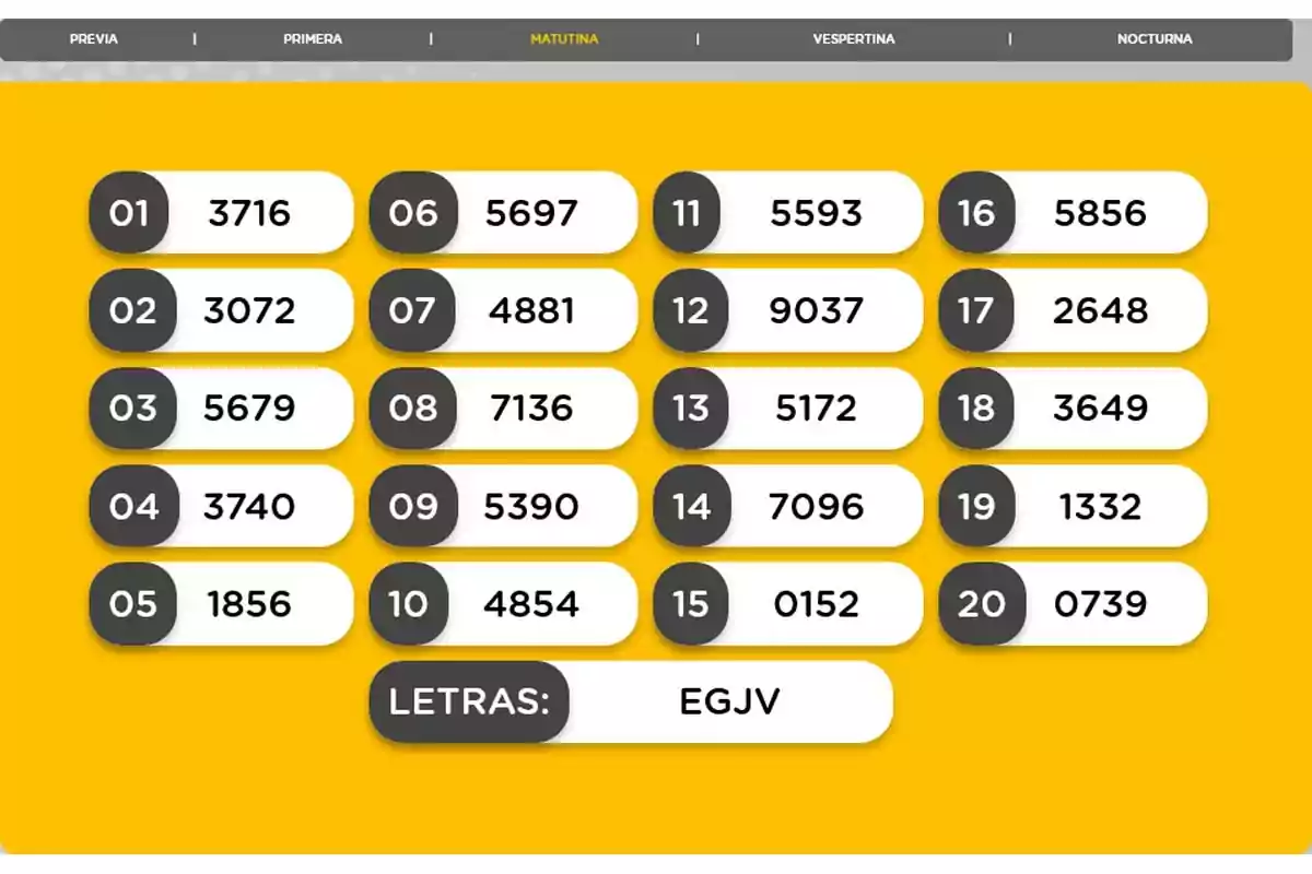 Morning lottery results with numbers from 01 to 20 and letters EGJV on a yellow background.