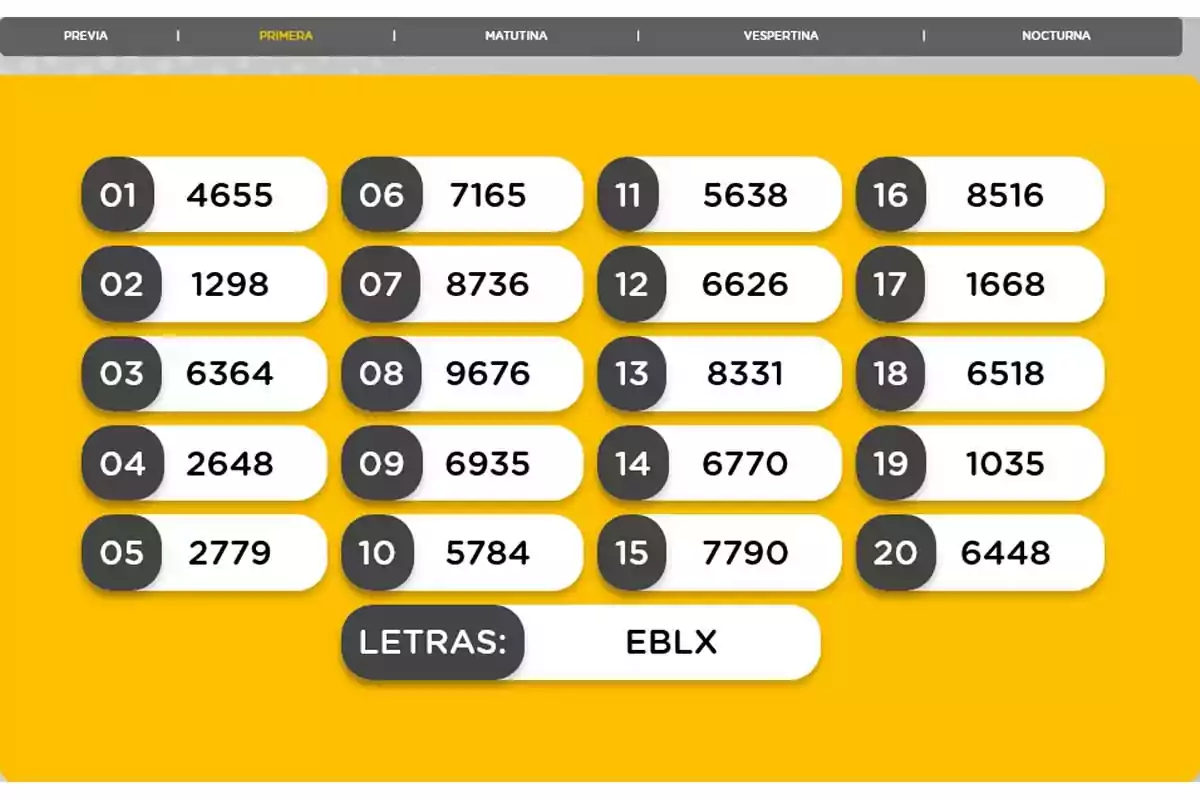 Lottery results with numbers from 01 to 20 and letters EBLX on a yellow background.