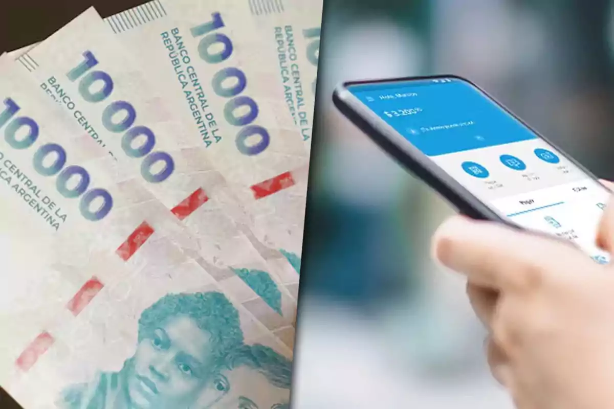 10,000 Argentine peso bills next to a person using a mobile phone with a financial app.