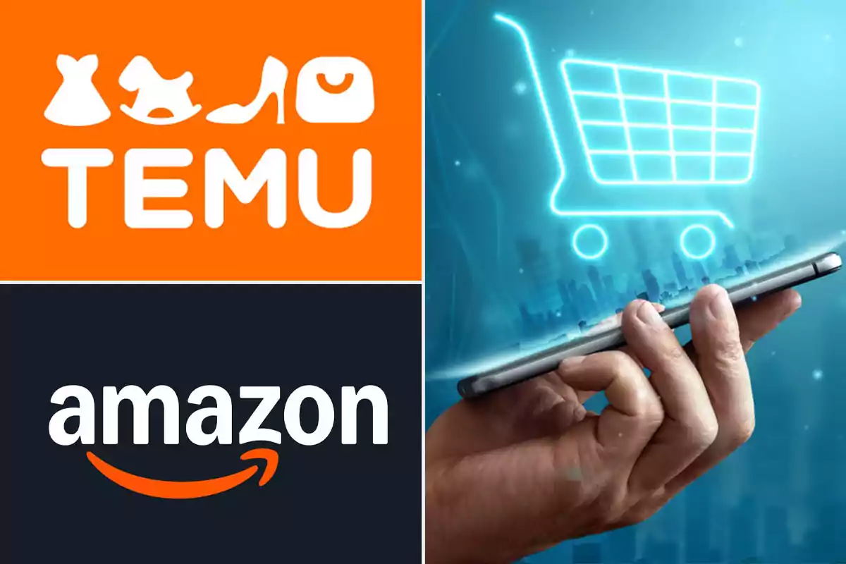 Temu and Amazon logos next to a hand holding a mobile phone with a digital shopping cart.