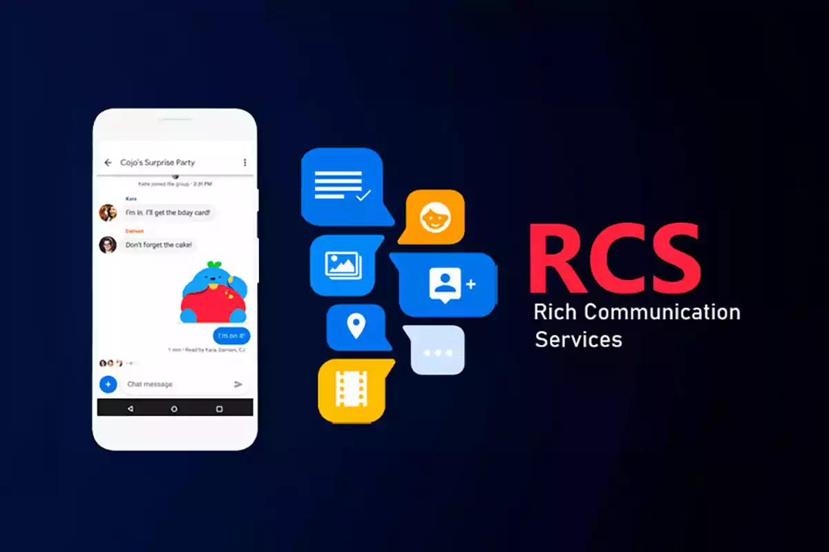Image of a mobile phone displaying a chat conversation alongside messaging feature icons and the text Image of a mobile phone displaying a chat conversation alongside messaging feature icons and the text